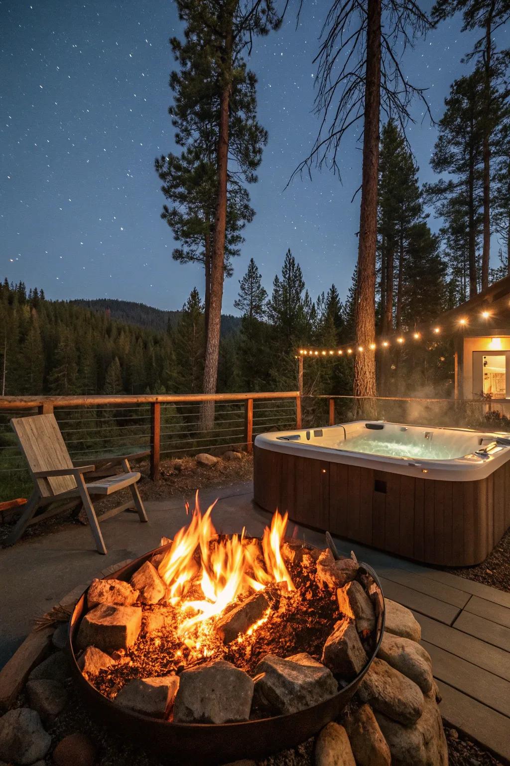 A fire pit adds warmth and ambiance to the hot tub area.