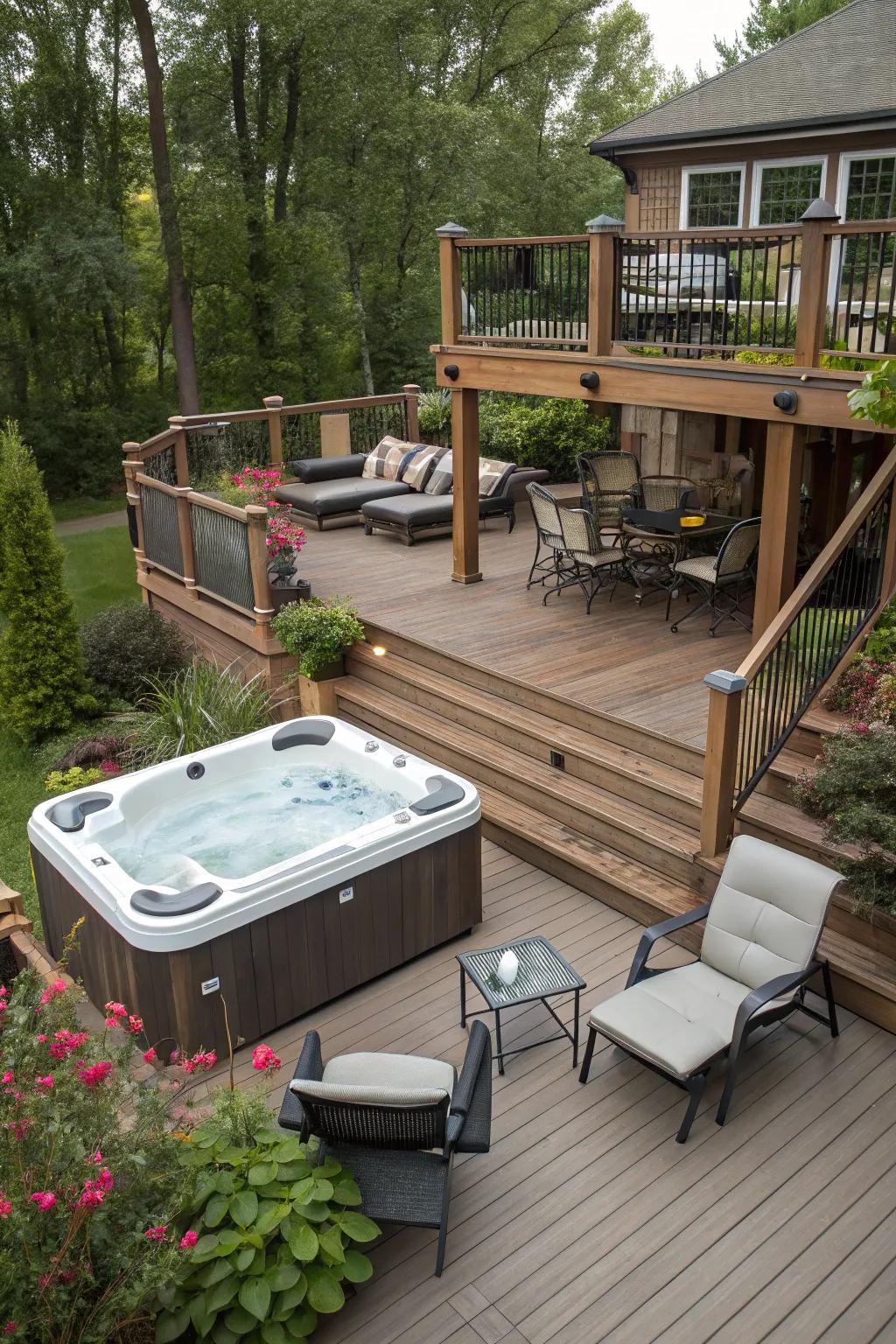 Multi-level decking creates a dynamic and versatile hot tub patio.