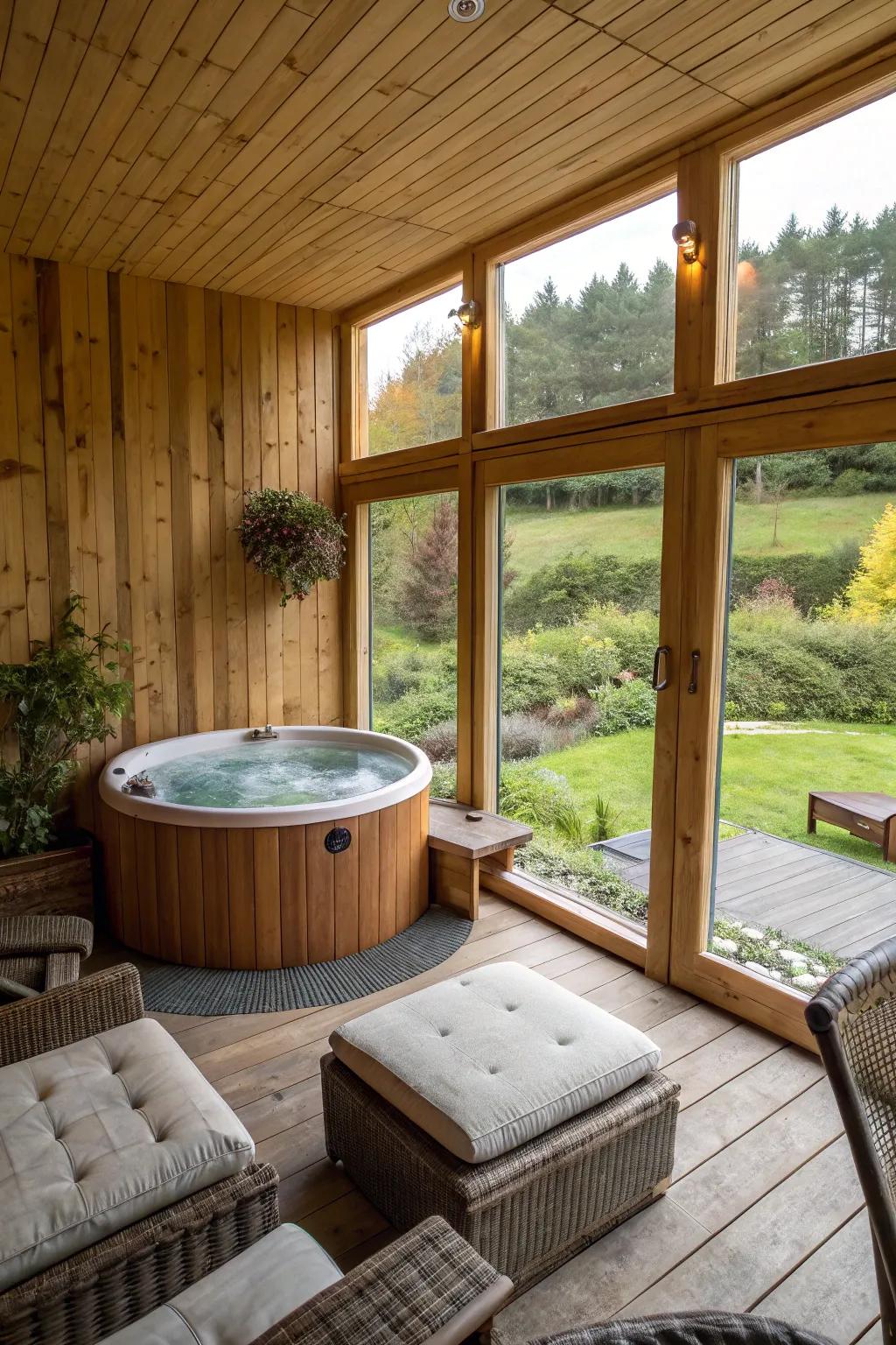 A hot tub room crafted with eco-friendly and sustainable materials.