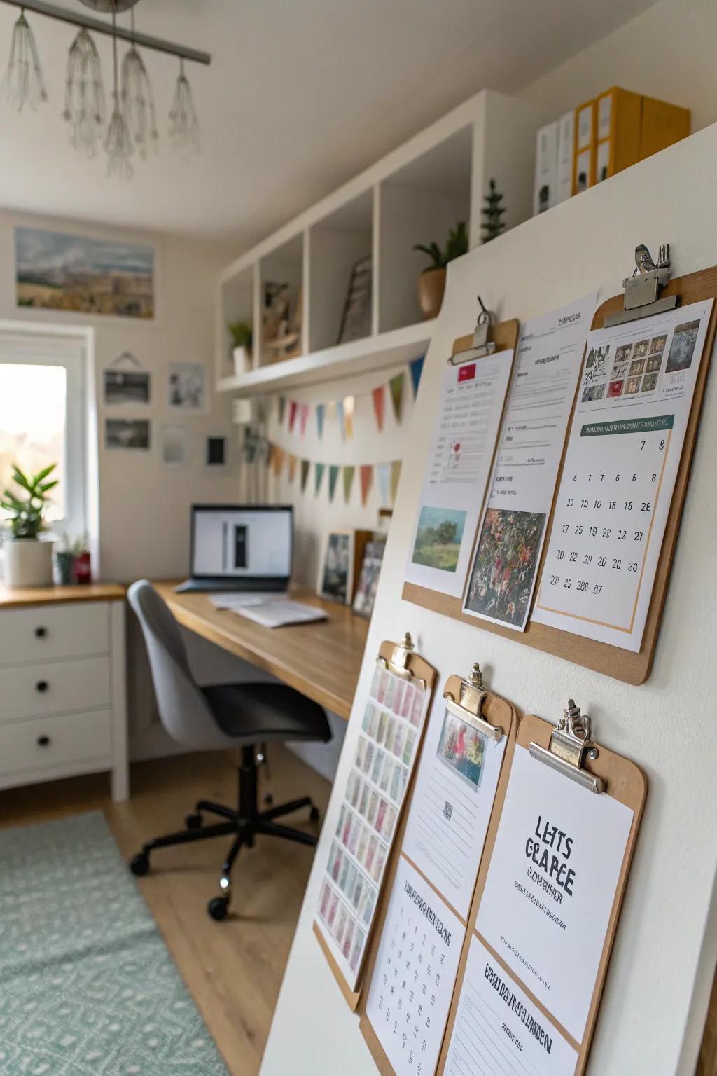 An organized and casual poster display using clipboards.