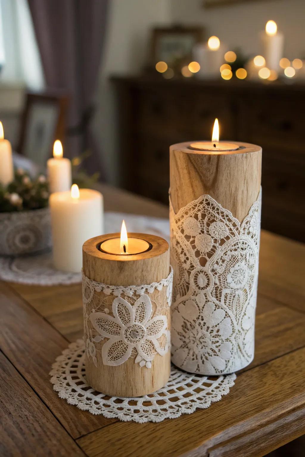 Create a romantic ambiance with lace-patterned candle holders.