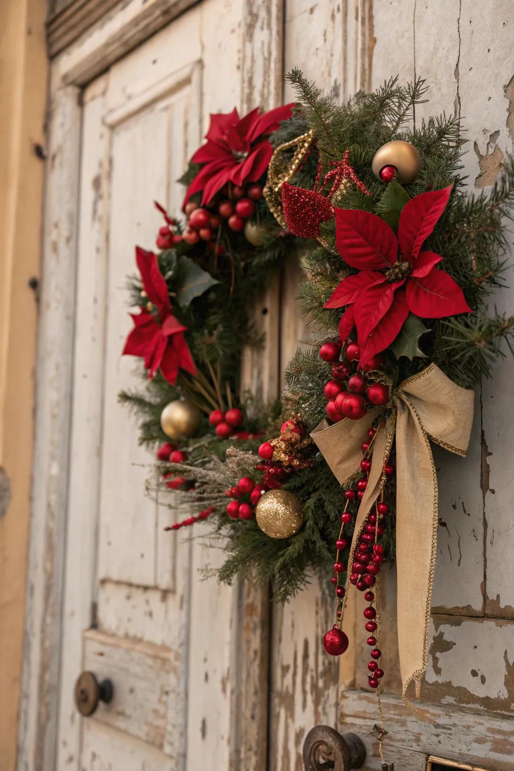 A vintage-inspired poinsettia wreath with antique charm.