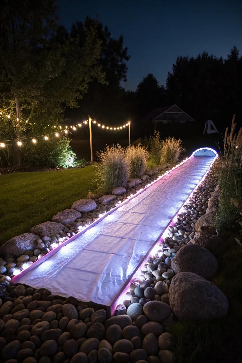 Experience the magic of a nighttime slide with enchanting LED lights.