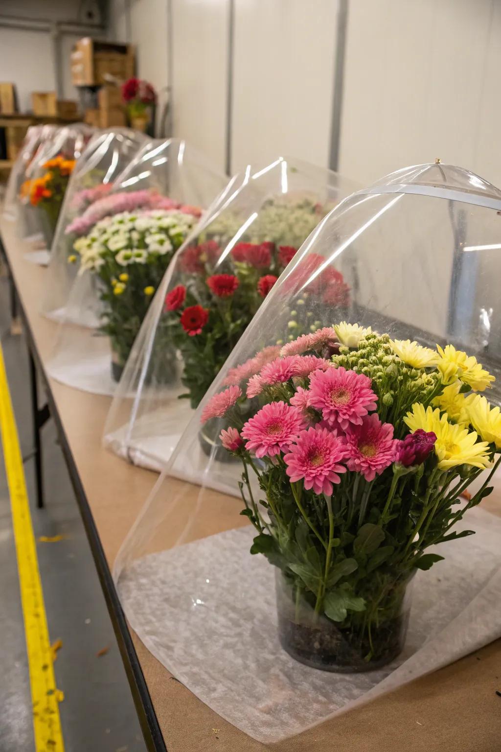 Dust covers keep faux flowers looking fresh and clean.