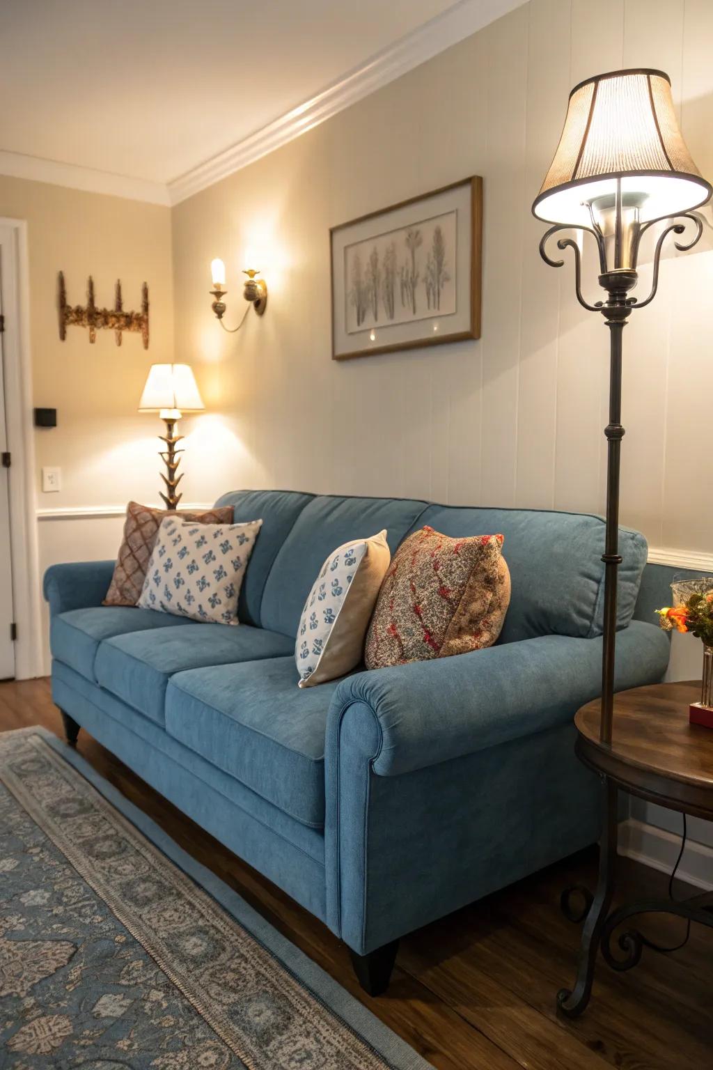 Lighting enhances the blue couch and creates a cozy ambiance.