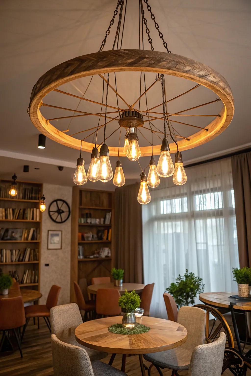 Design a unique chandelier with a bicycle wheel.