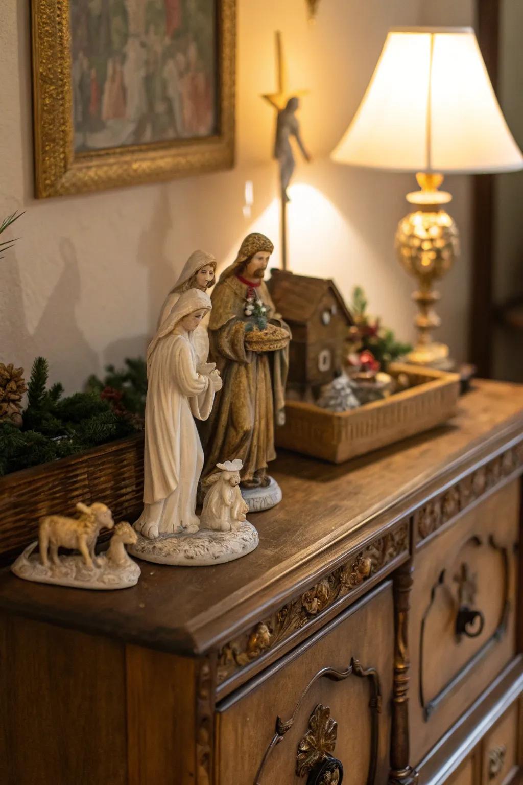 Vintage porcelain figures add elegance and history to the nativity scene.