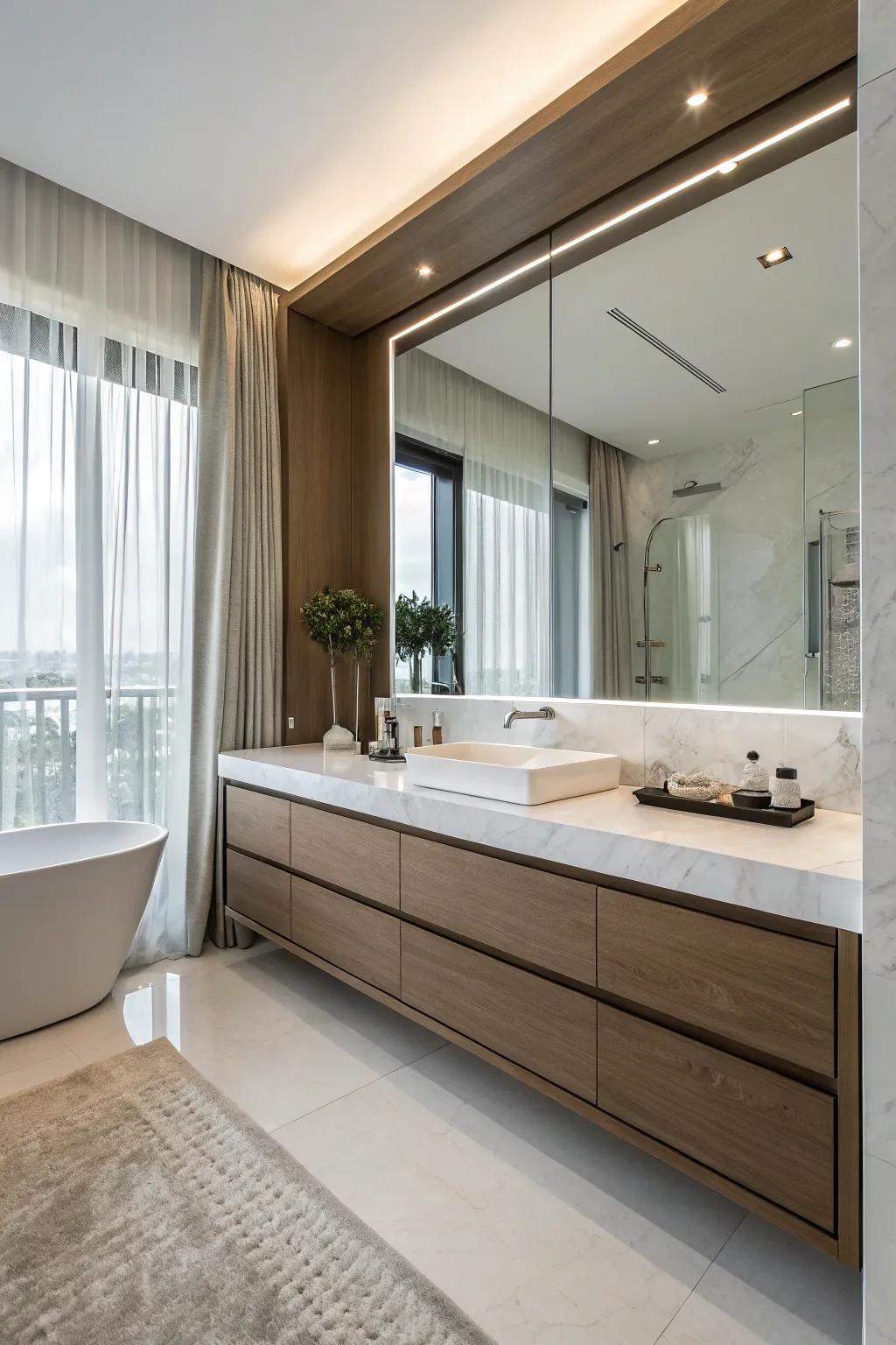 A floating vanity adds a modern and spacious feel to this master bathroom.