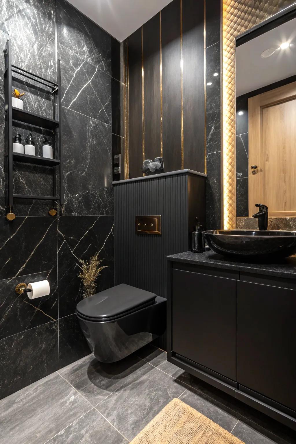 An all-black aesthetic creates a dramatic and sophisticated space.