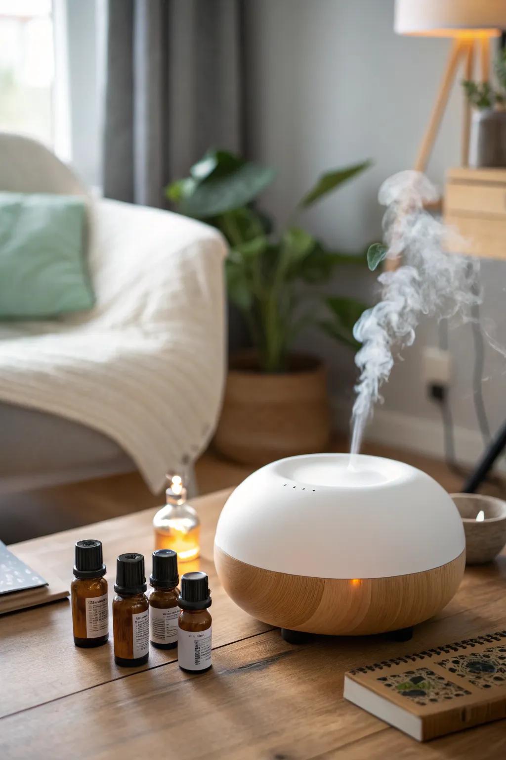 A diffuser with essential oils creates a soothing and aromatic atmosphere.