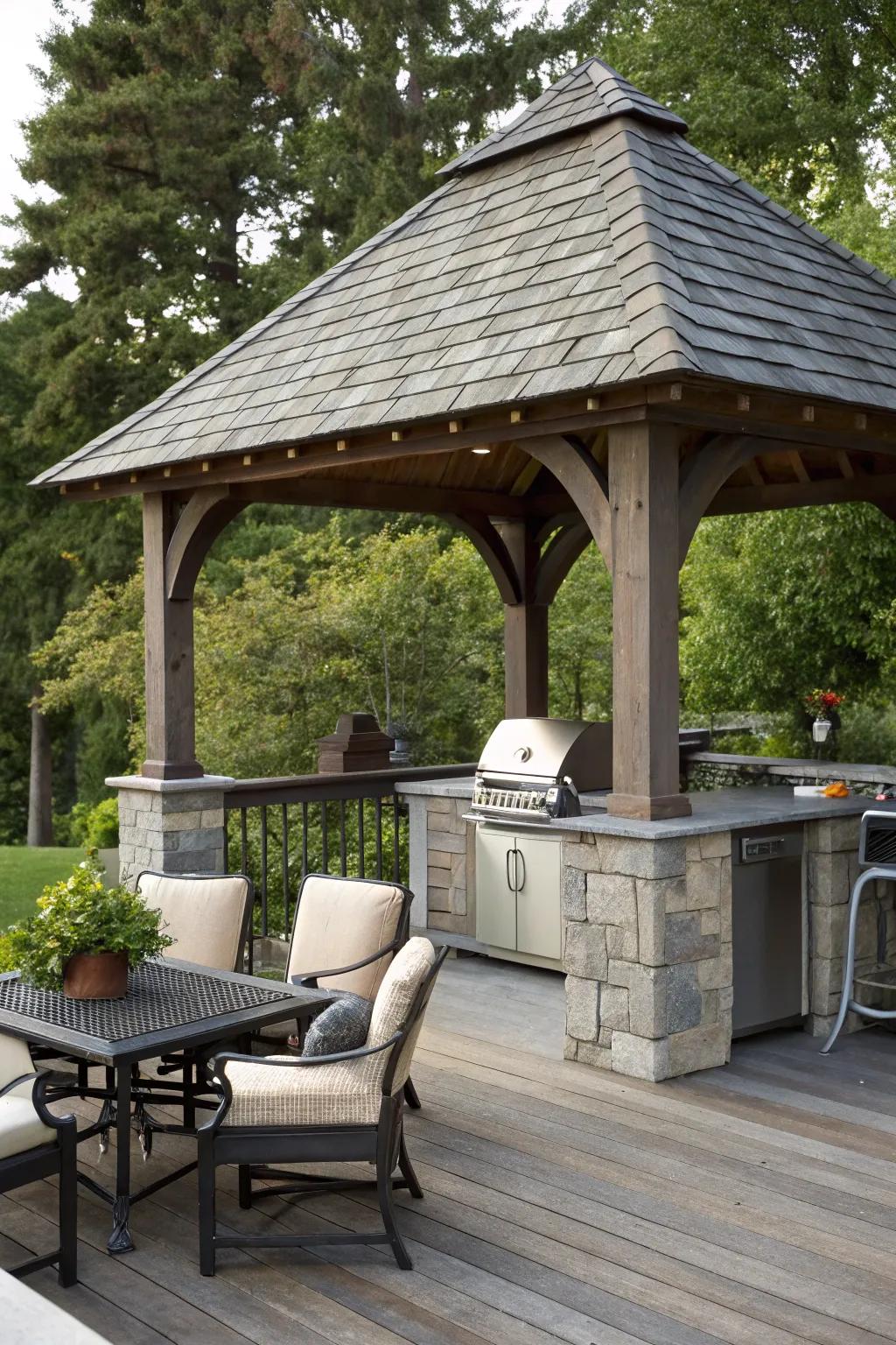 A slate roof pavilion provides timeless elegance and durability.