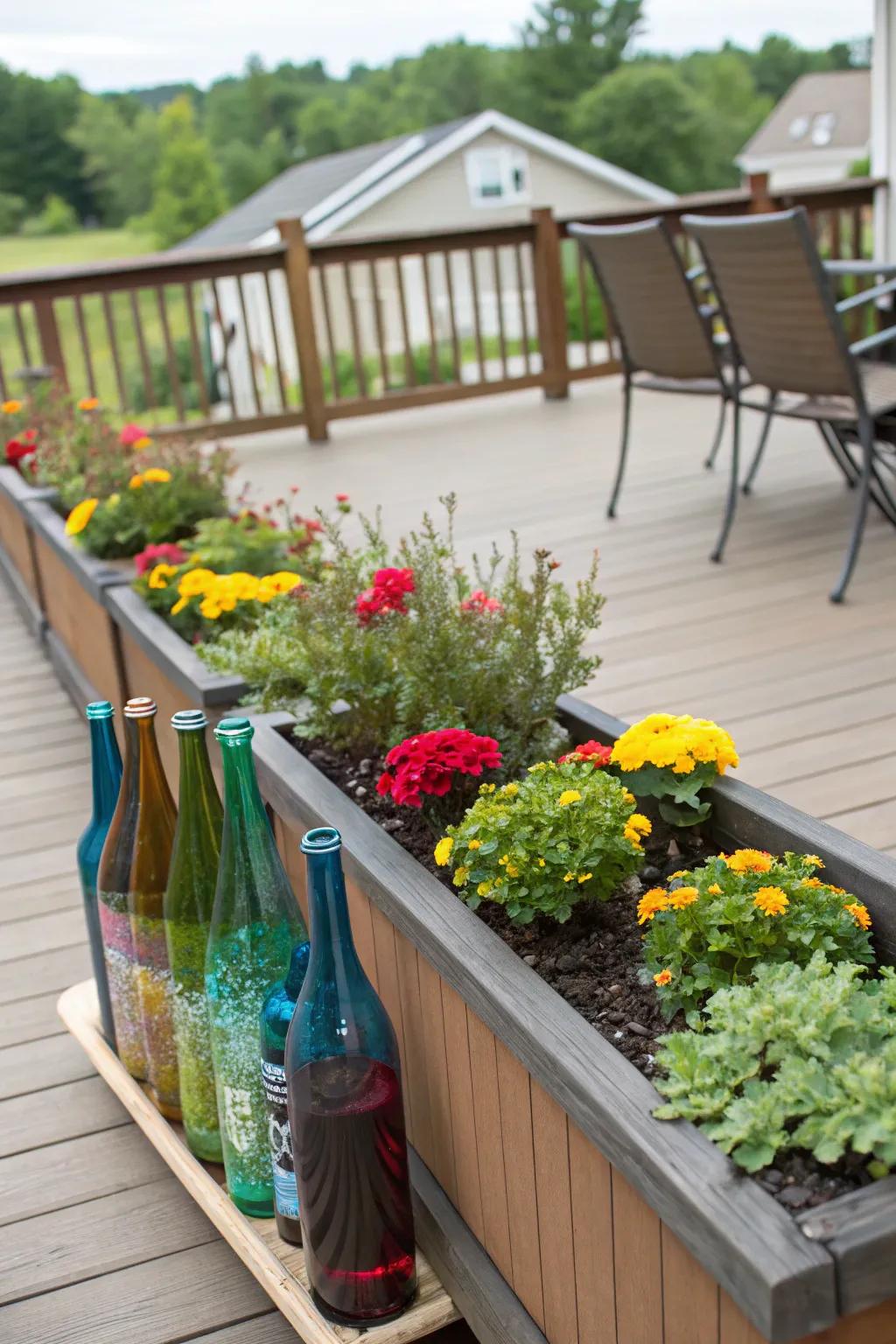 Low-maintenance glass bottles add color without the hassle.