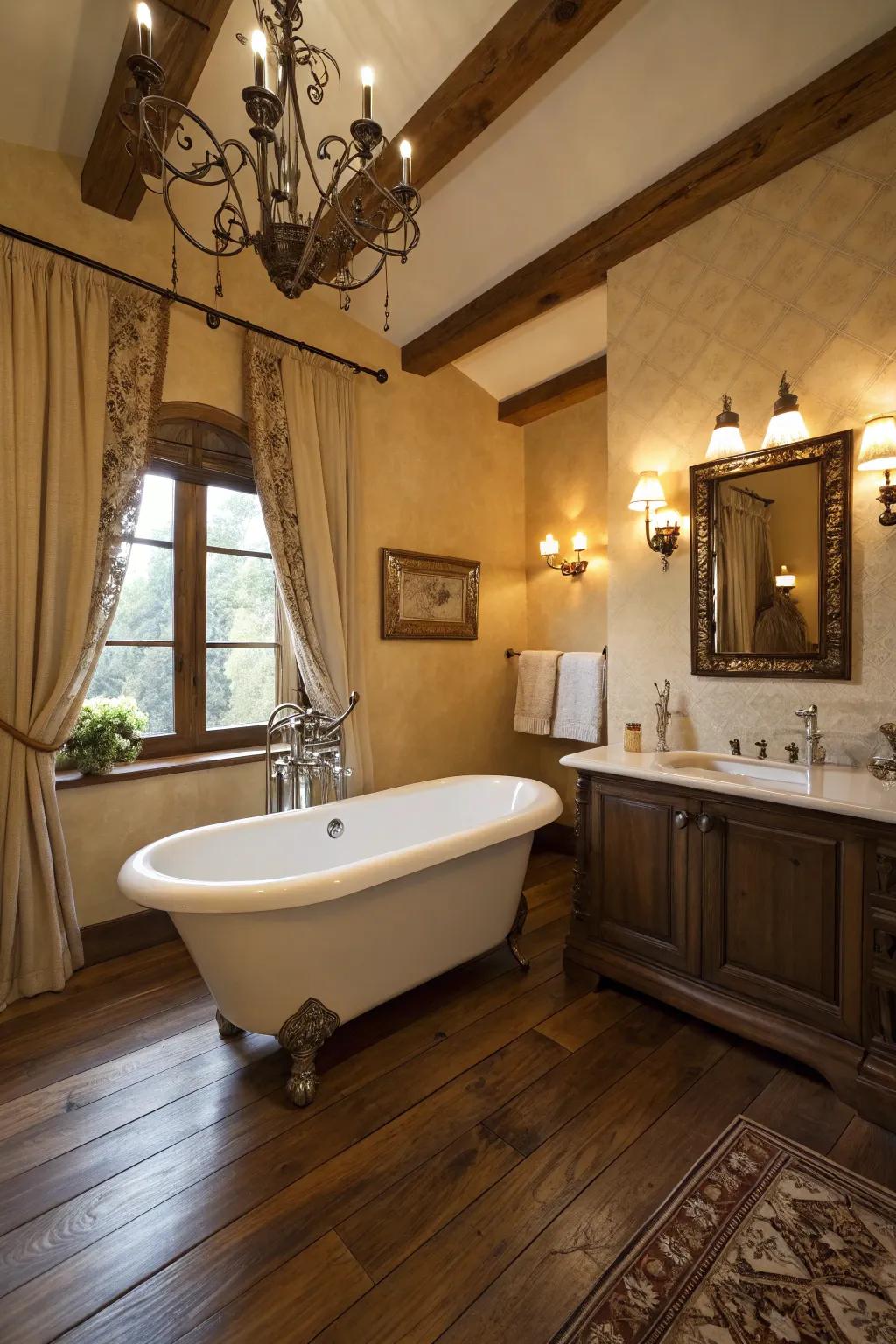 A classic freestanding tub exuding warmth and elegance in a traditional setting.