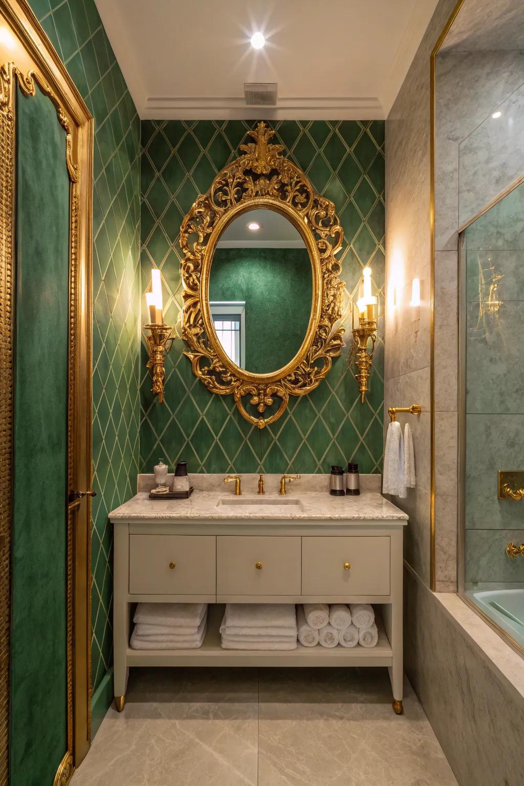 A gilded gold mirror serves as a stunning focal point in a green bathroom.