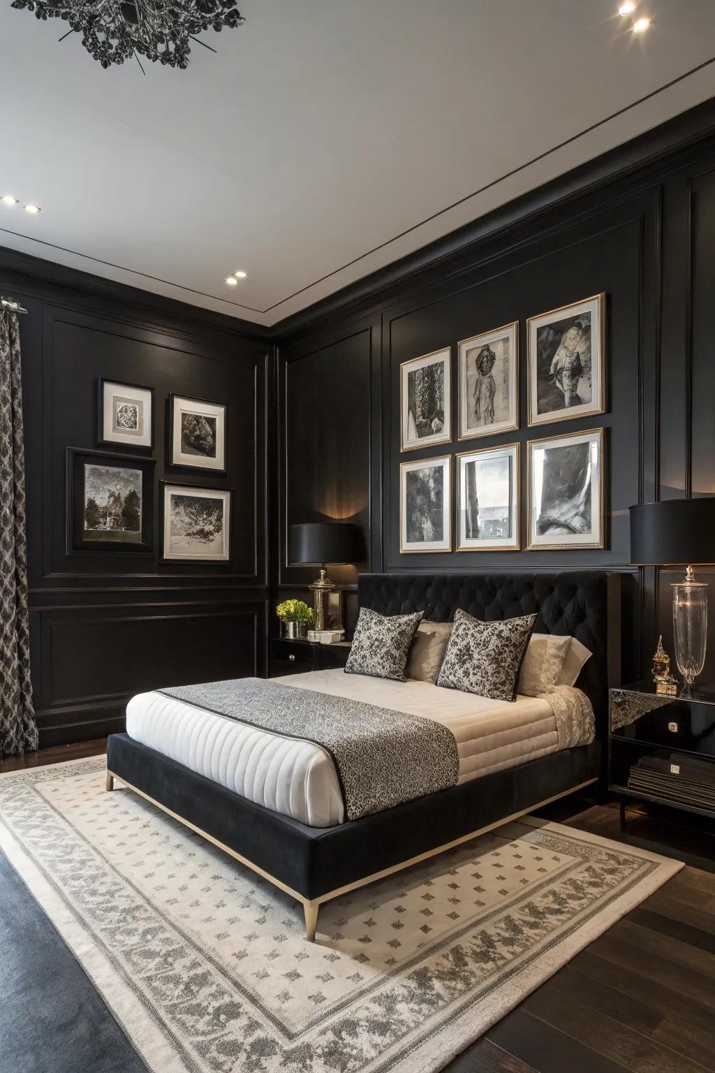 Black and white art adds sophistication and contrast to this black bedroom.