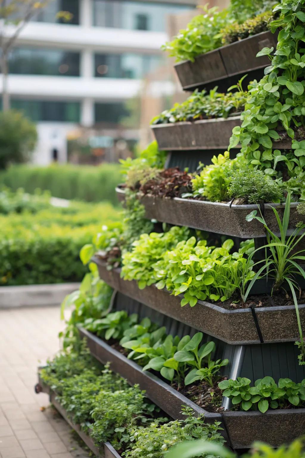 Tiered vertical garden maximizes space with lush layers of plants.