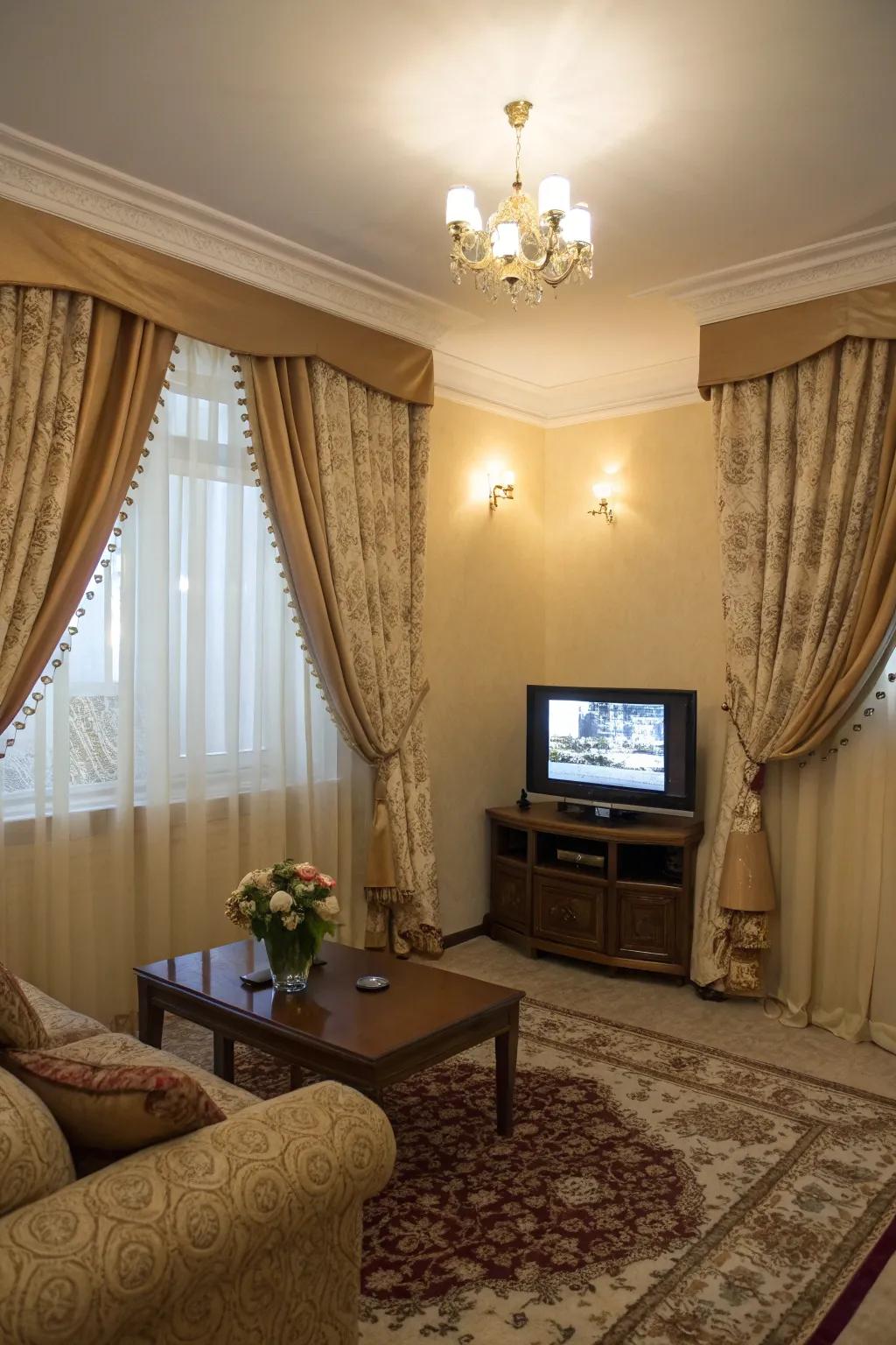 Curtains frame the TV, adding a touch of elegance and warmth.