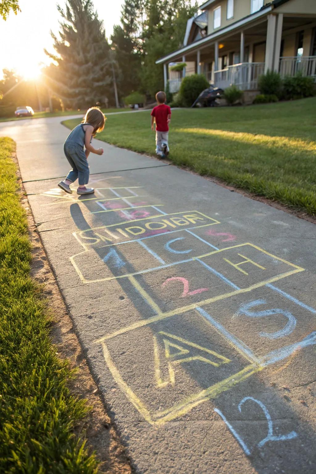 Hopping through the alphabet with chalk hopscotch.