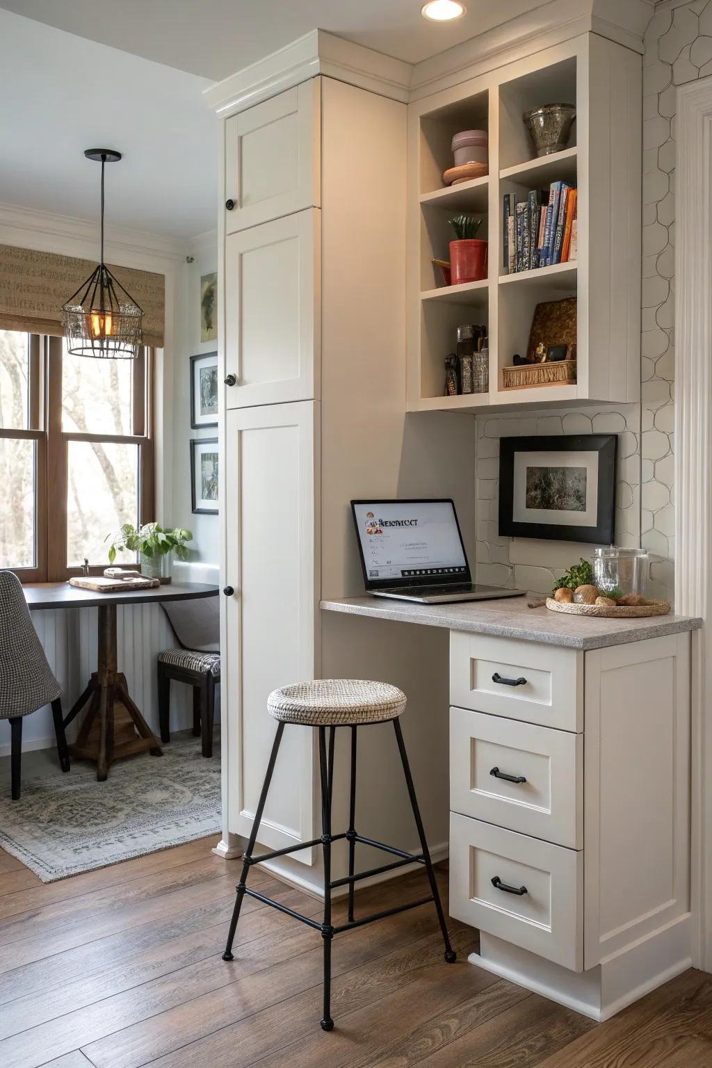 Transform an awkward kitchen corner into a functional desk nook.