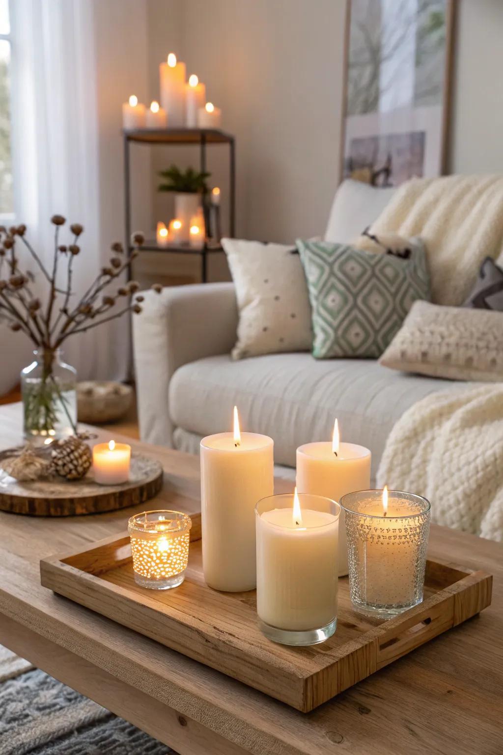 Scented candles create a calming and inviting atmosphere.