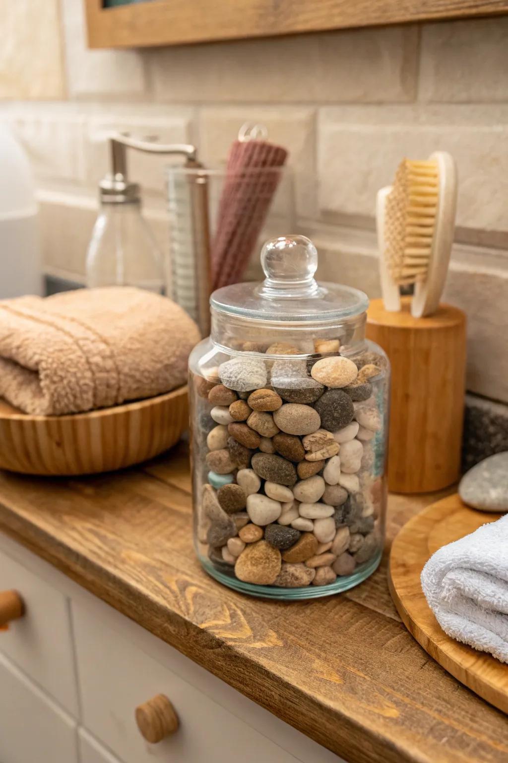 Add a natural element with a decorative pebble display.