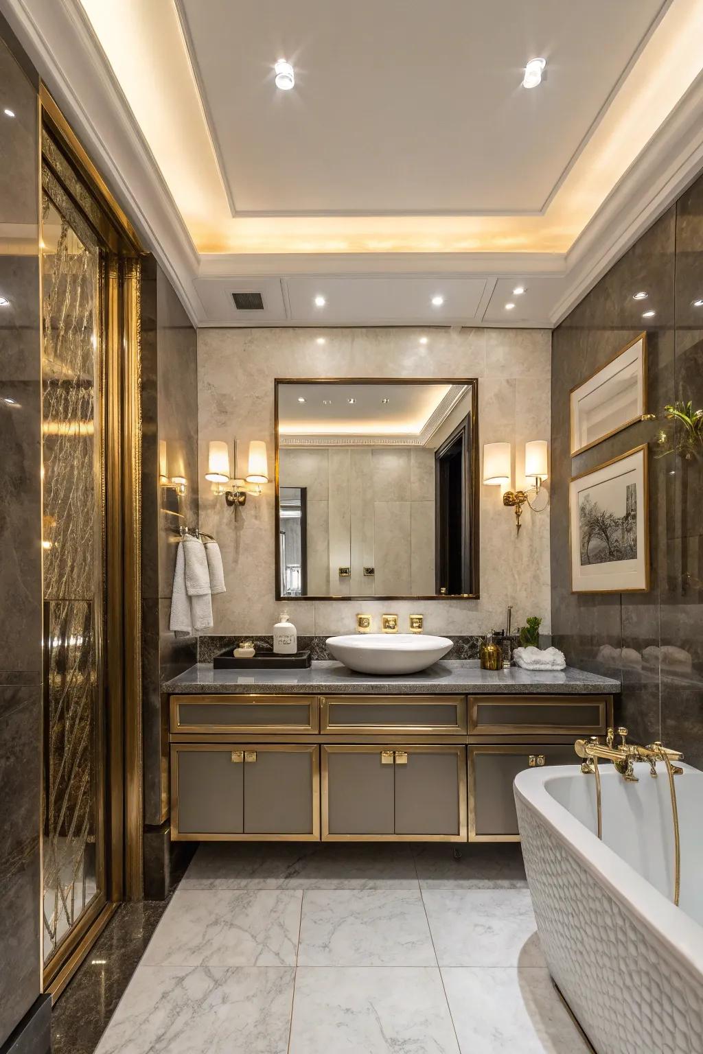 Metallic soffits add glamour and sophistication to any bathroom.