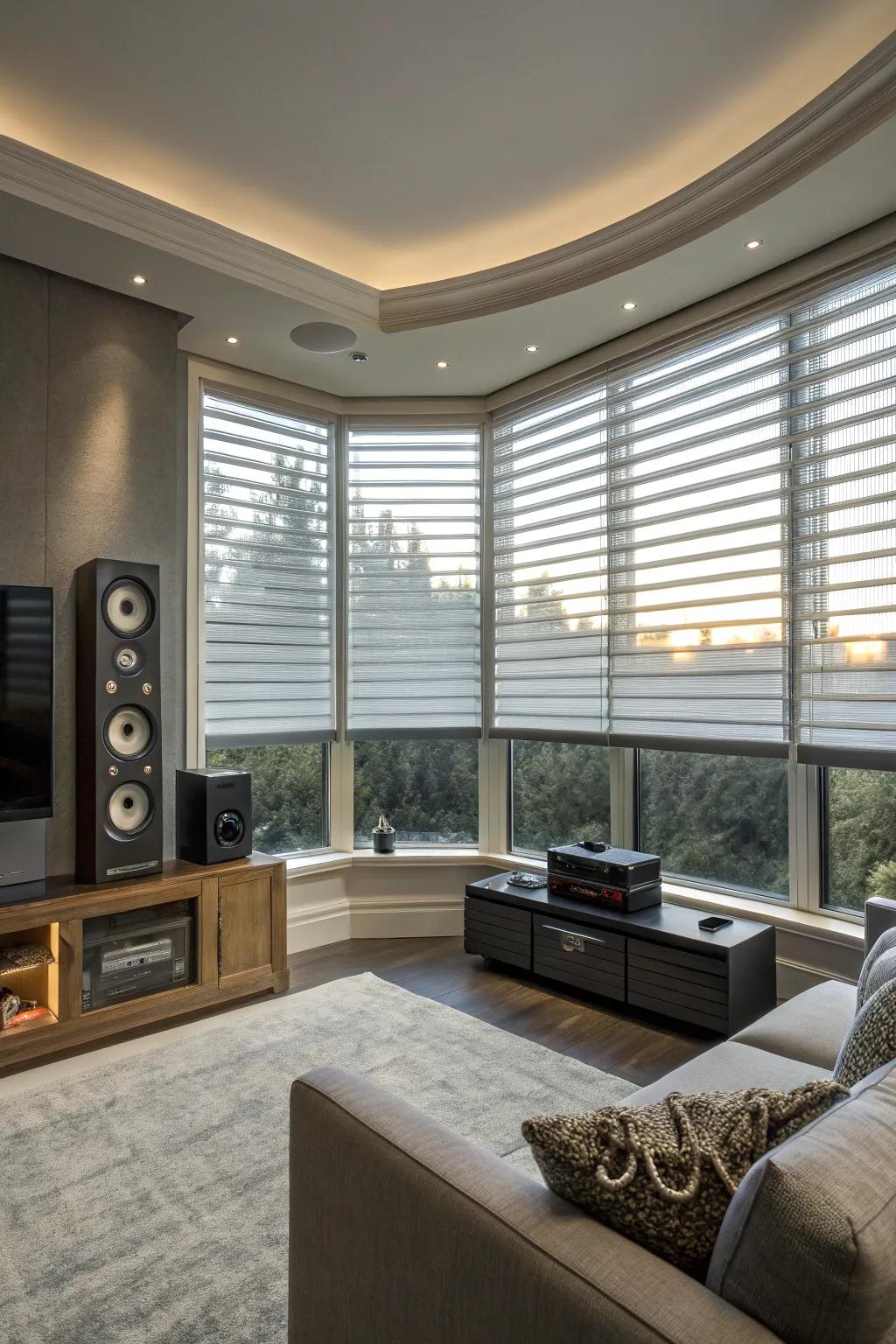 Motorized blinds add convenience and modern flair to bay windows.