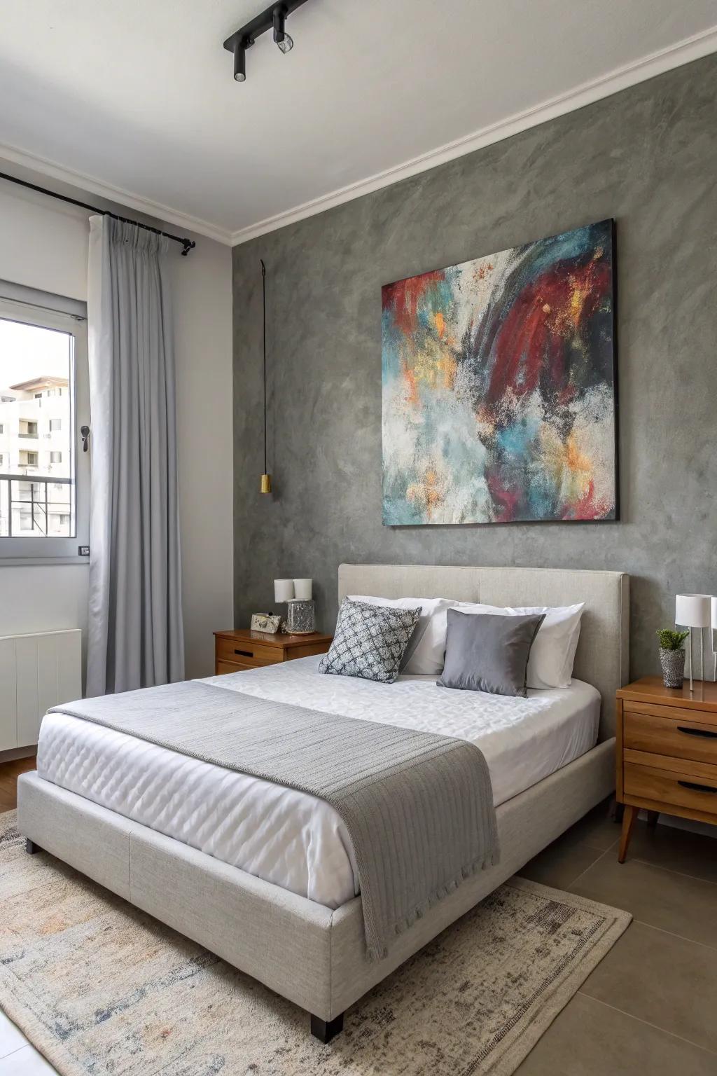 Artwork infuses personality and depth into gray bedrooms.