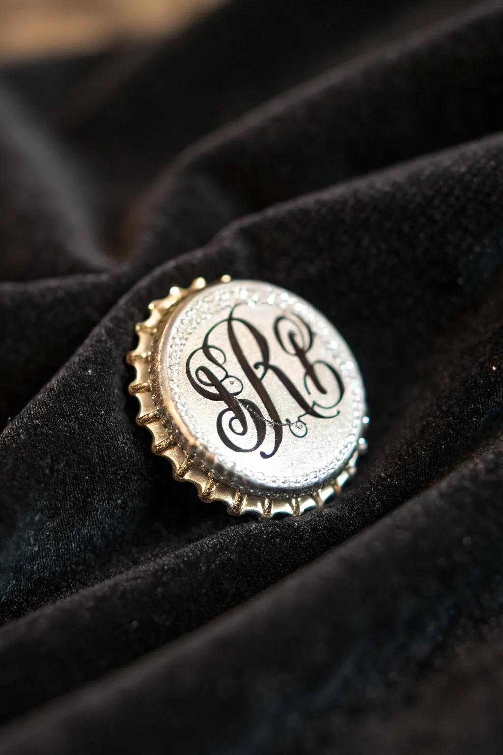 Monogram bottle cap pins for a personalized and elegant touch.