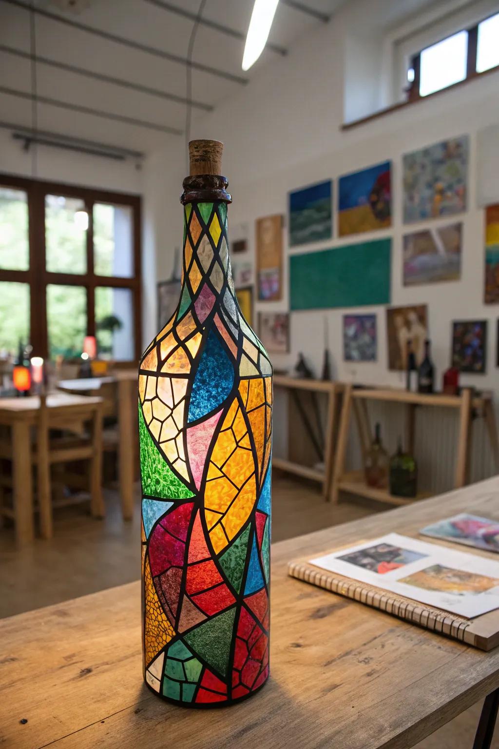 A stained glass effect bottle lamp for an artistic touch.