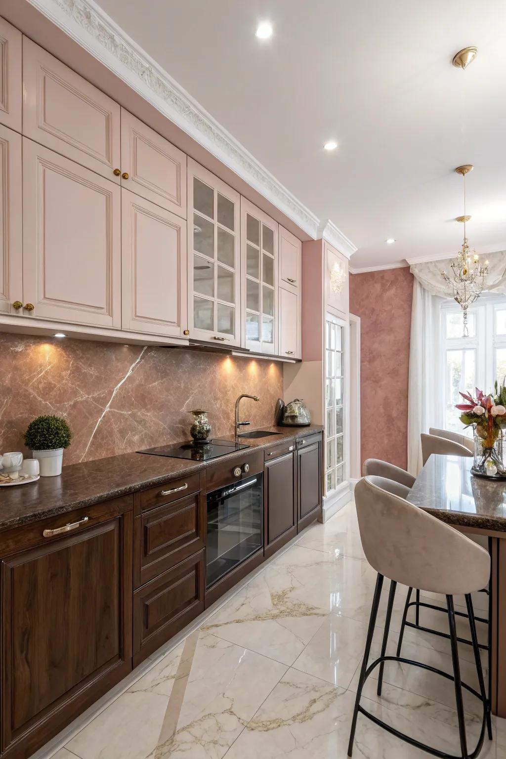 Soft blush walls add a delicate touch to kitchens with brown granite.