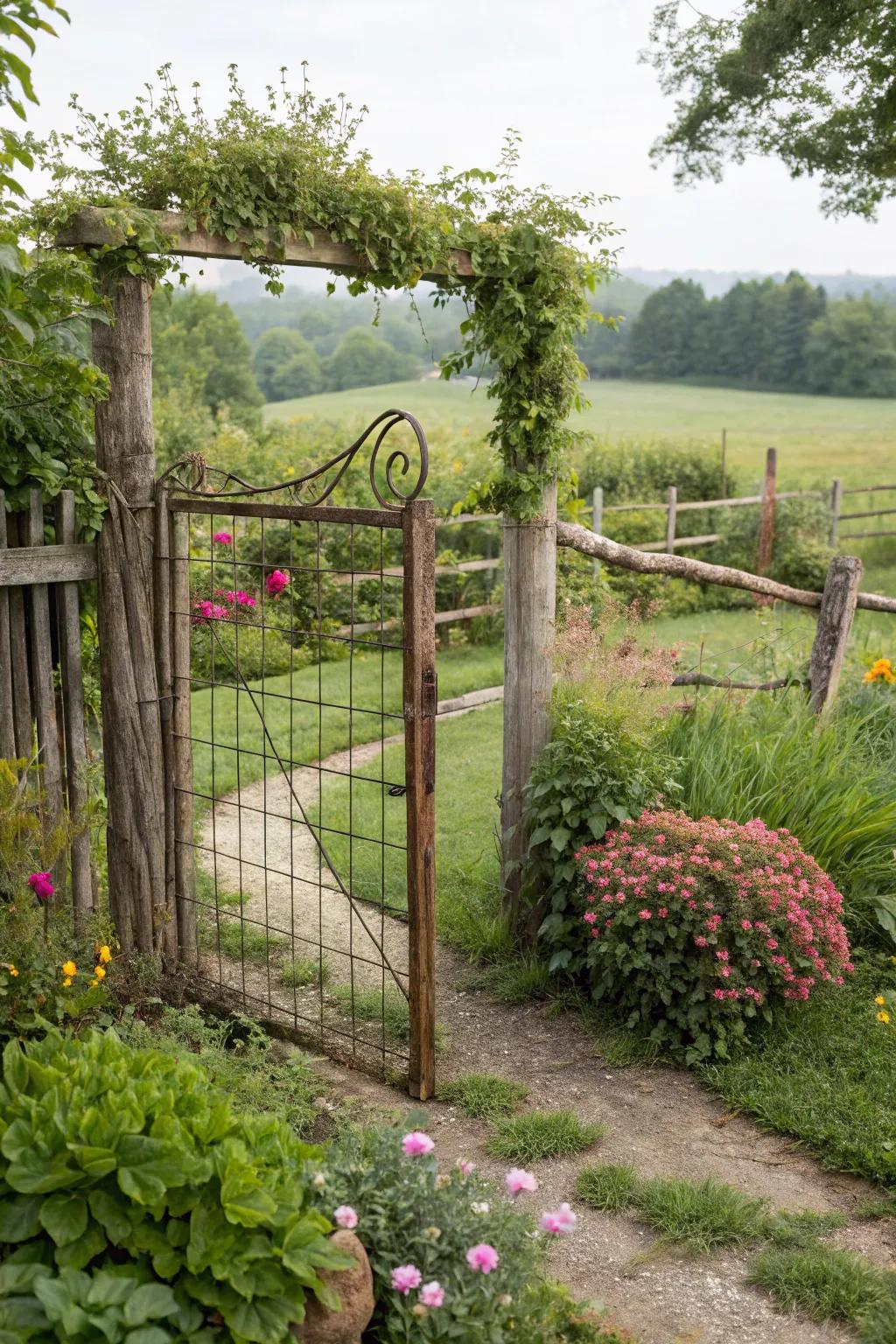 A rustic farmhouse wire gate adds charming countryside appeal to your garden.