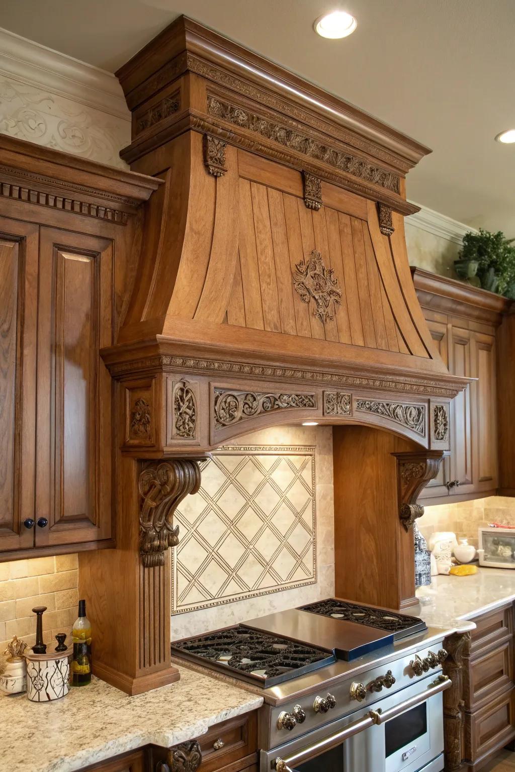 A kitchen showcasing a wood range hood with intricate detailing.