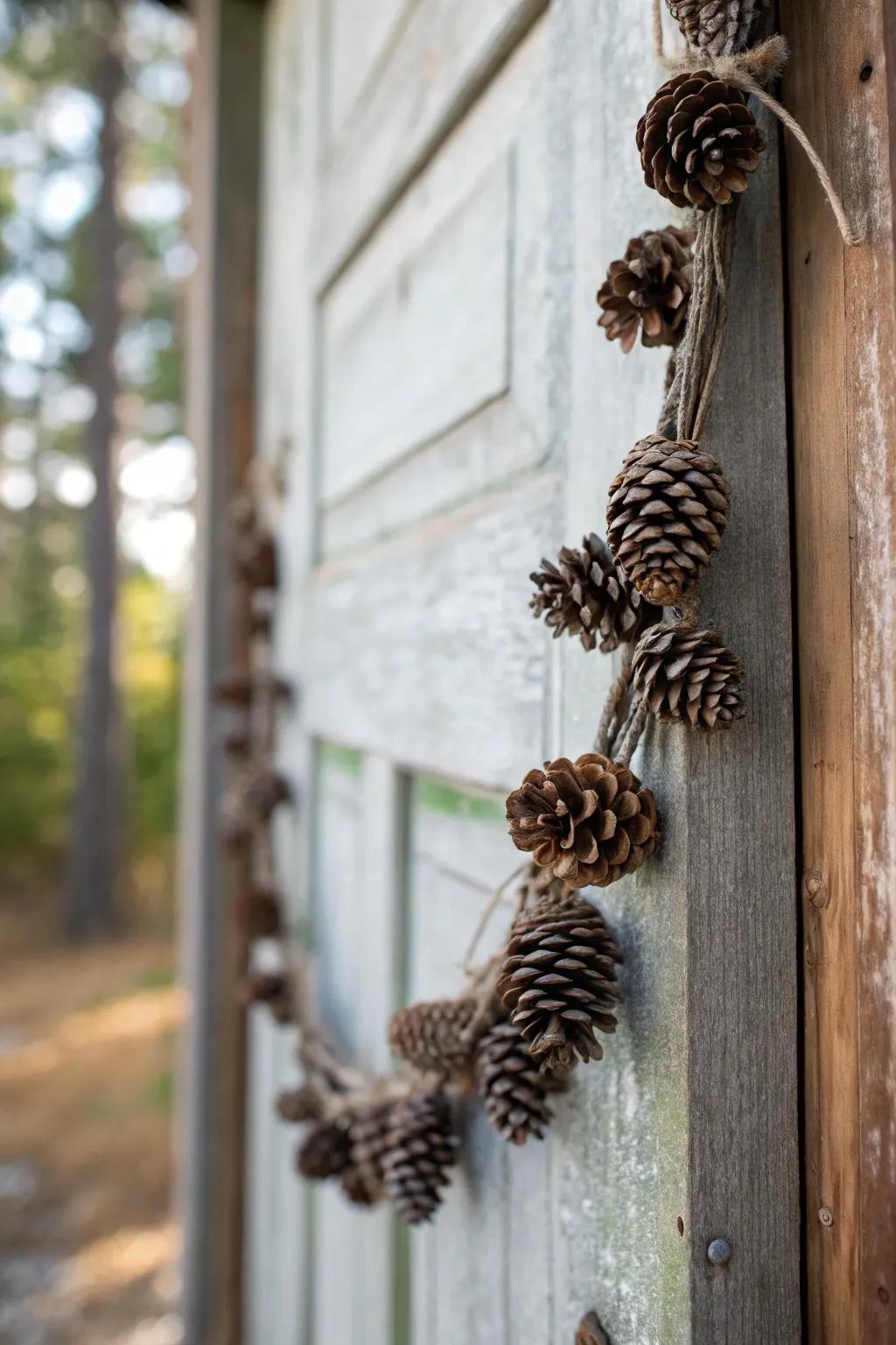 A rustic garland made of pinecones and natural twine.