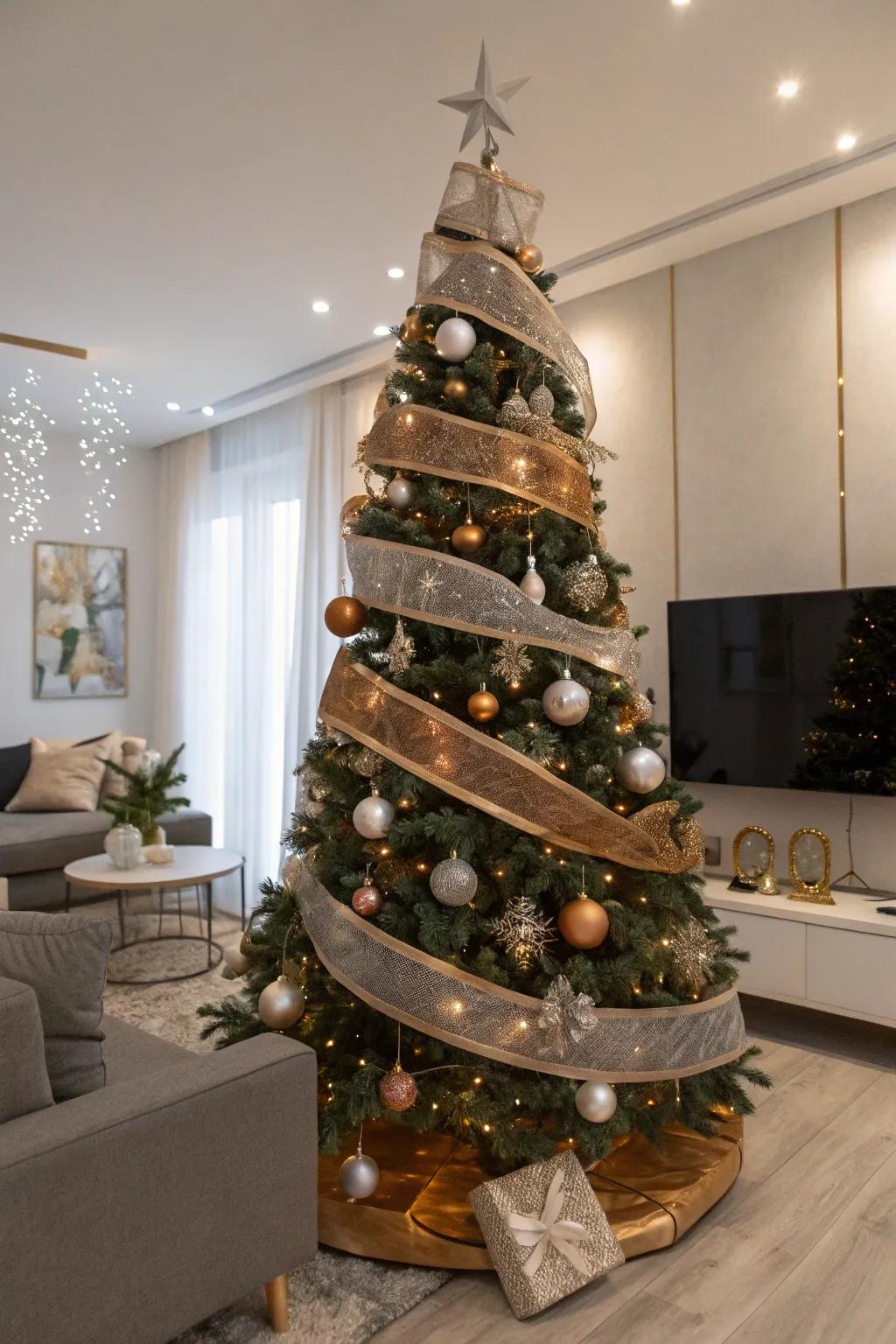 A chic Christmas tree featuring mixed metallic ribbons, adding a contemporary touch to the holiday decor.