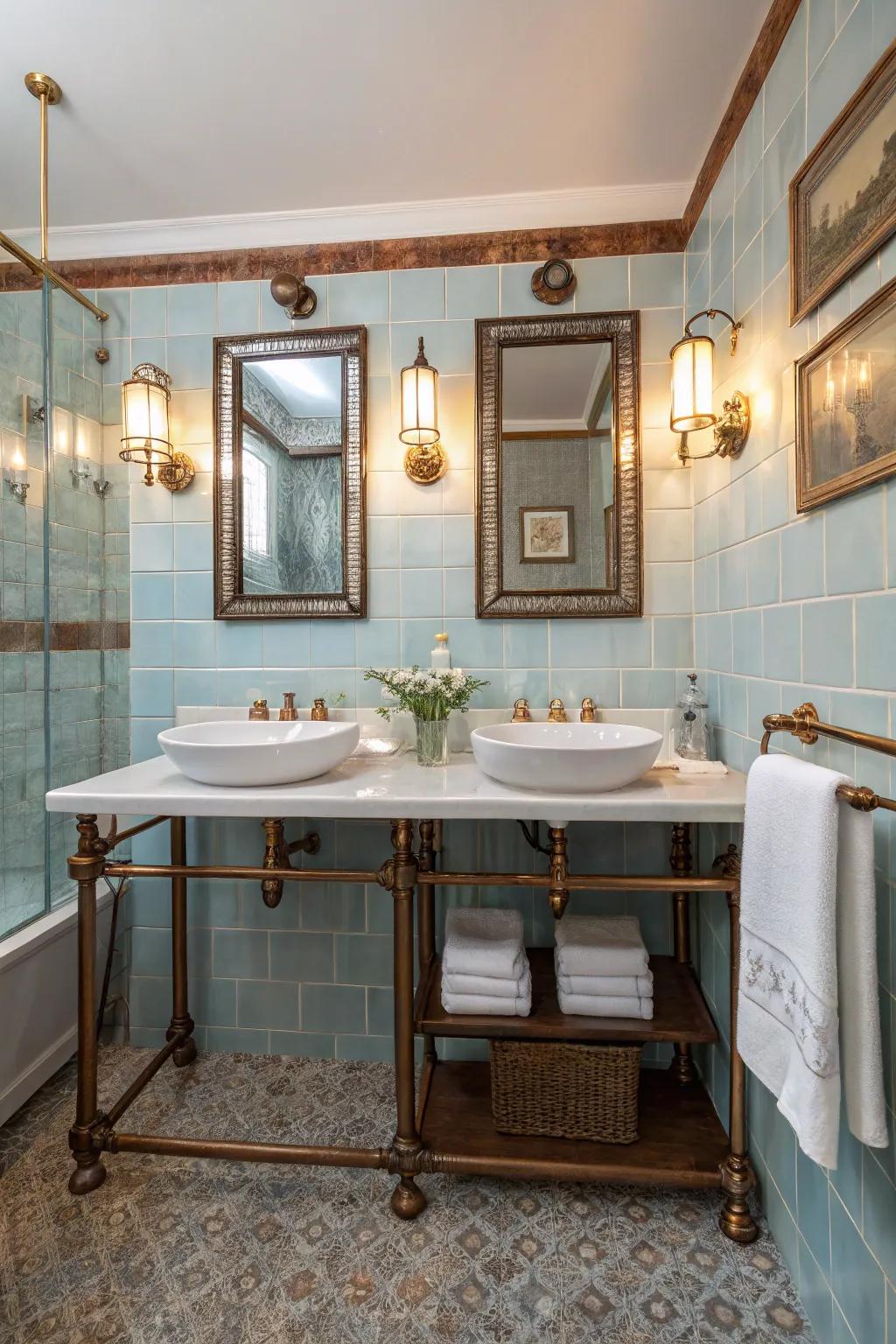 A serene bathroom with rust and light blue decor.