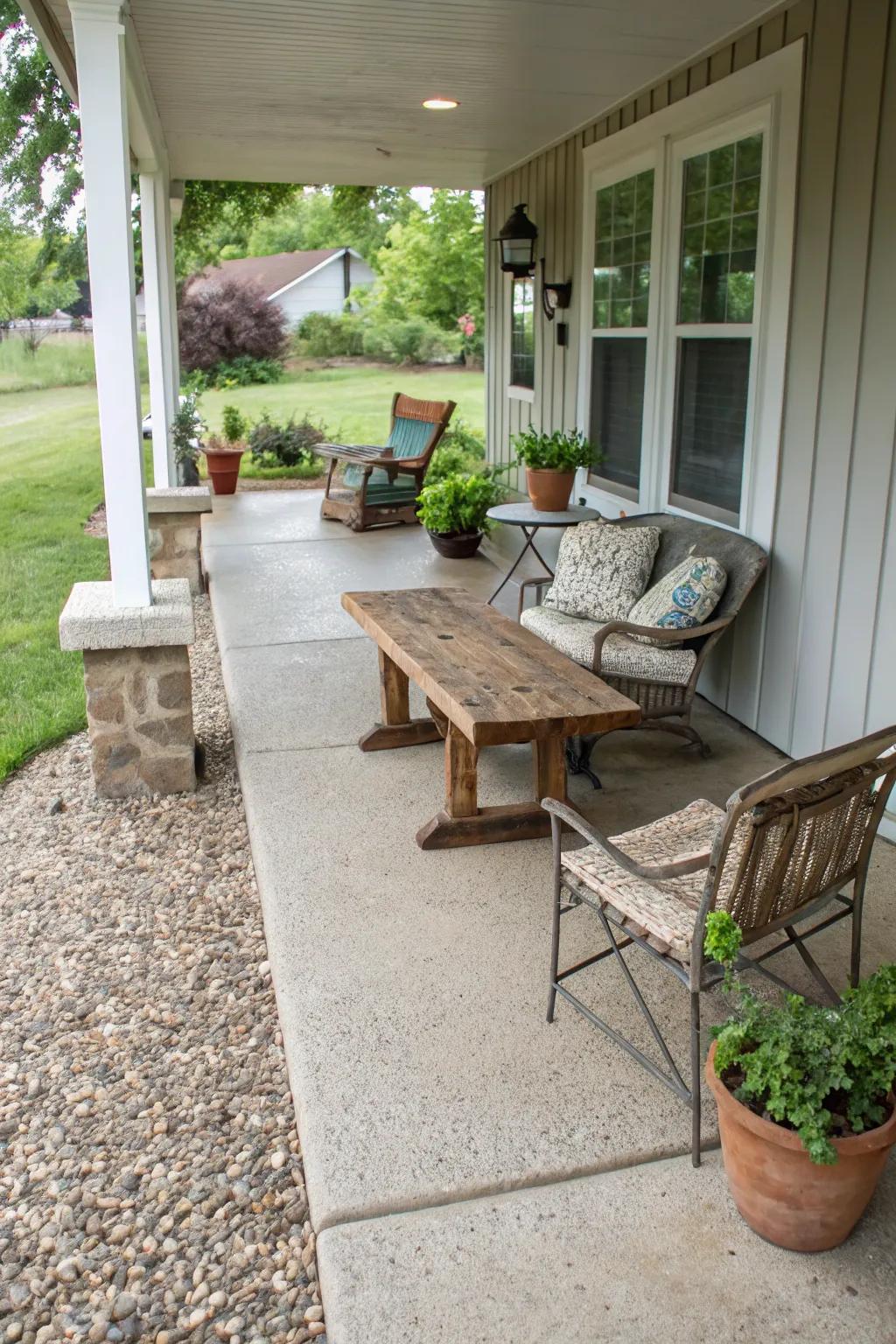 A pebble finish adds texture and charm to a concrete porch.