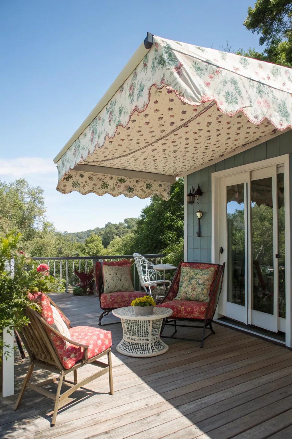 A vintage-inspired awning adds timeless elegance to this charming deck.