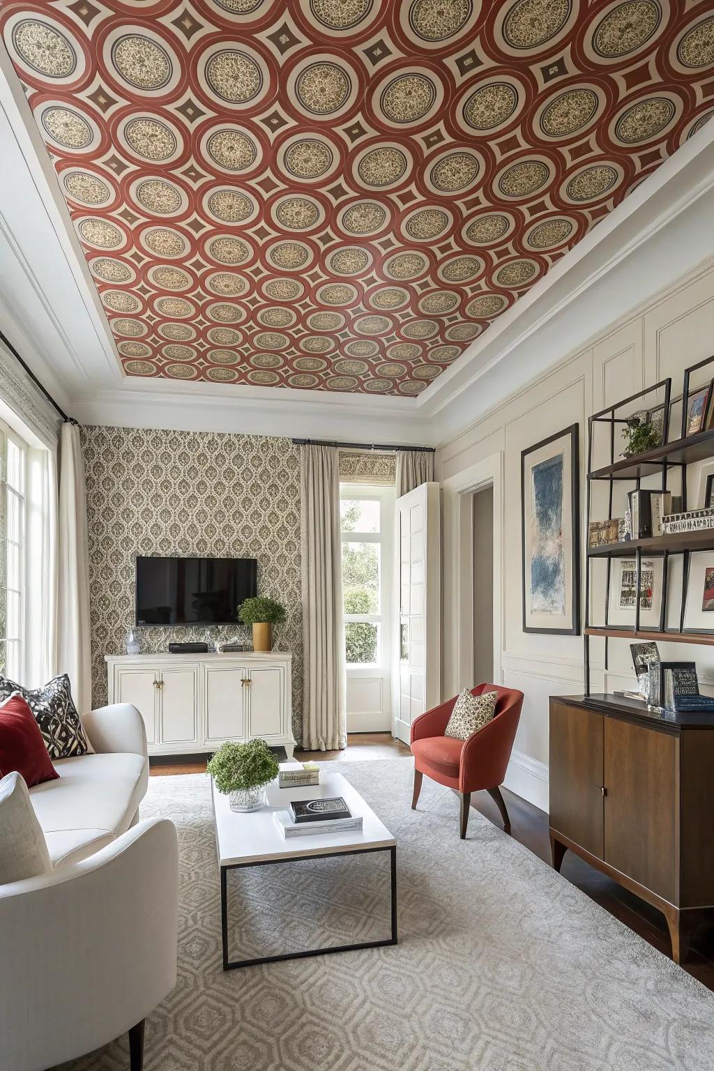 Wallpaper on the ceiling can create unexpected texture and interest.