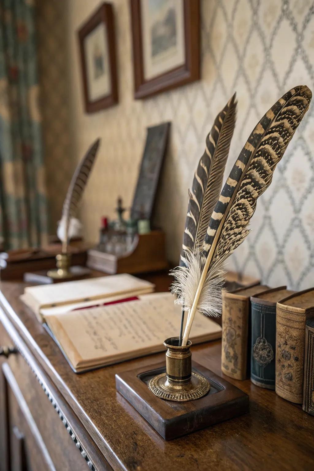 A collection of feather quill pens displayed in a vintage setting.