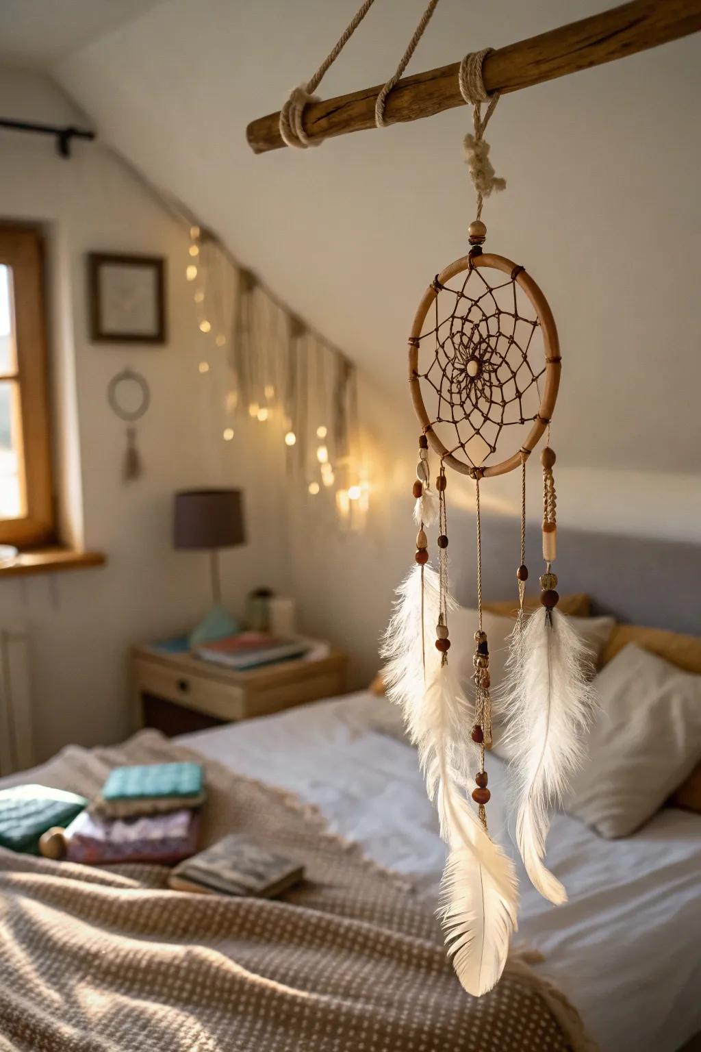 A colorful dreamcatcher made from sticks and yarn, perfect for peaceful dreams.