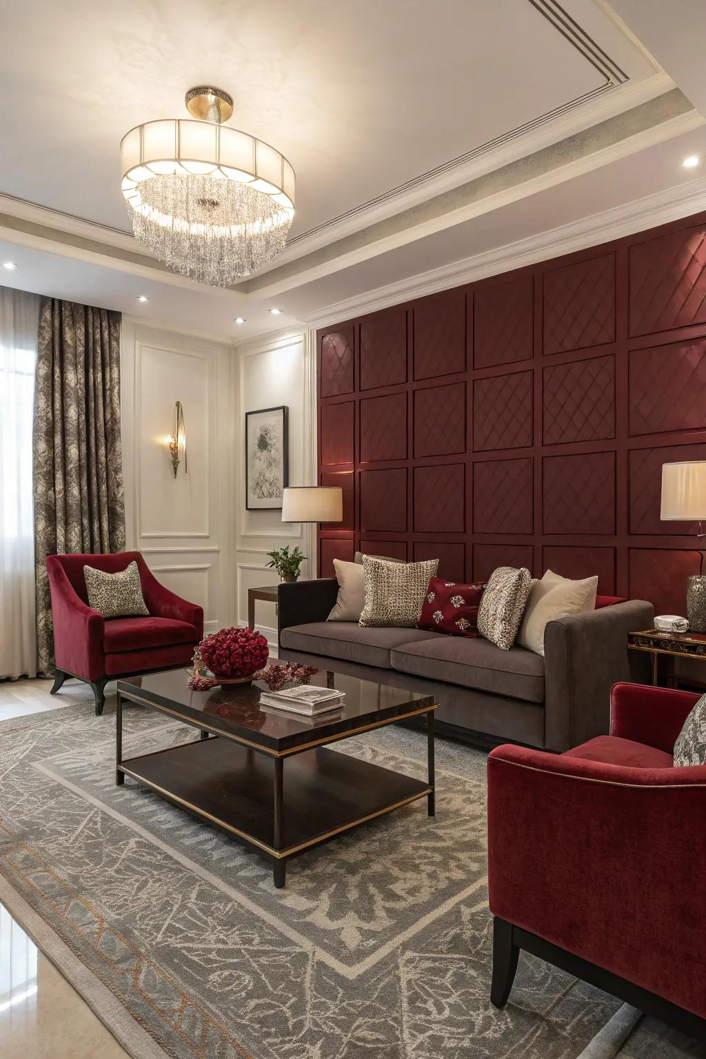 A stylish living room with subtle dark red accents.