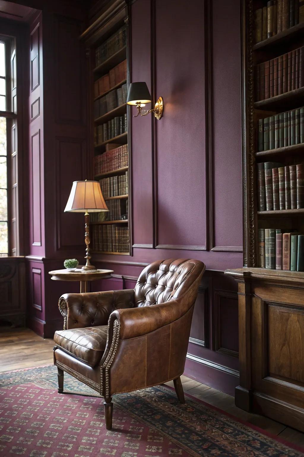 Plum walls add richness and coziness to the library.