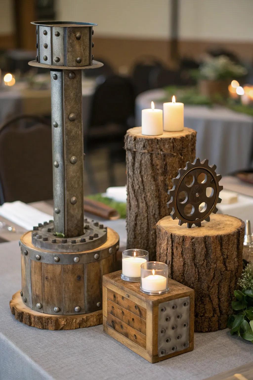 Masculine centerpieces add rugged charm.