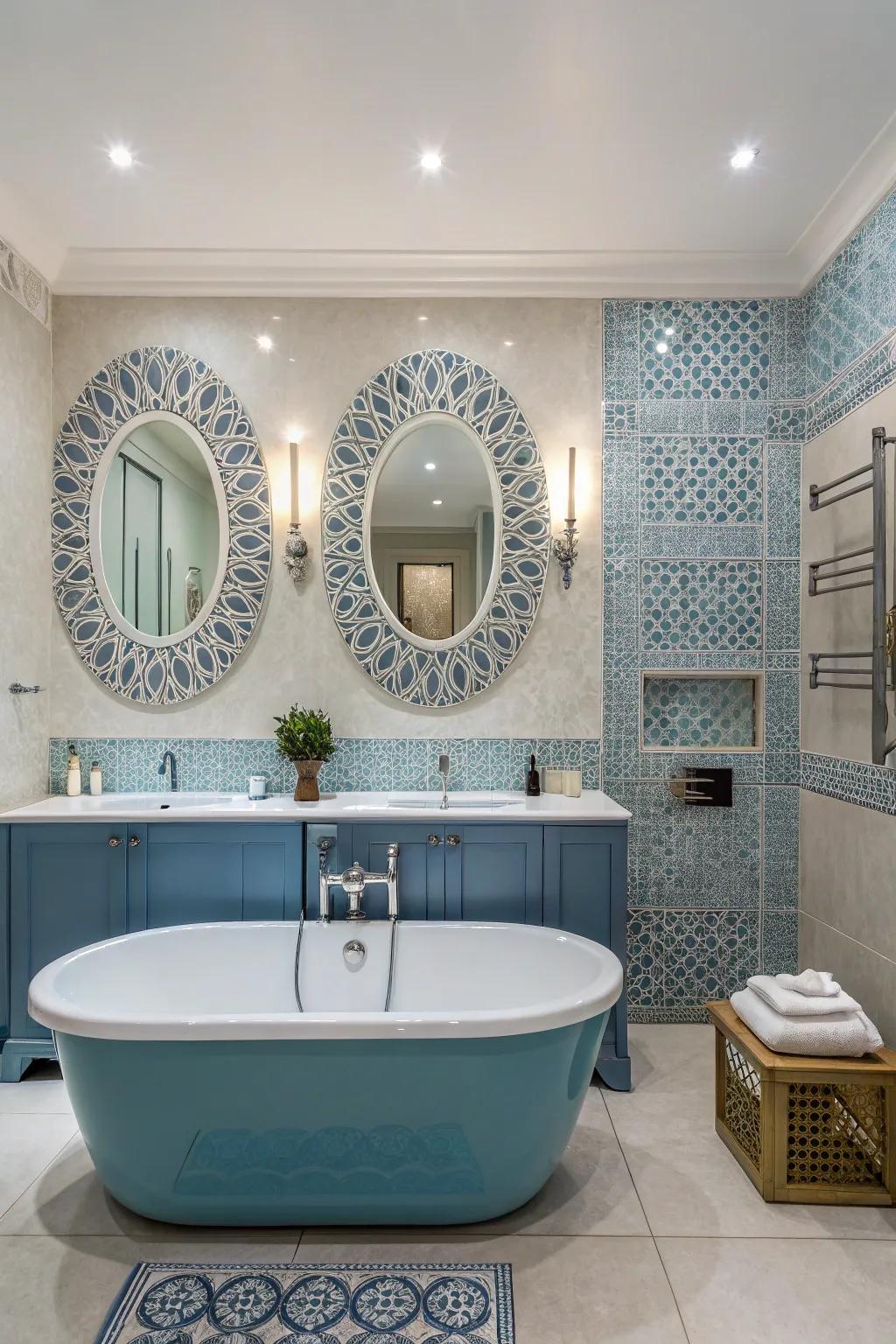 Mirrors add light and depth to the blue bathtub area.