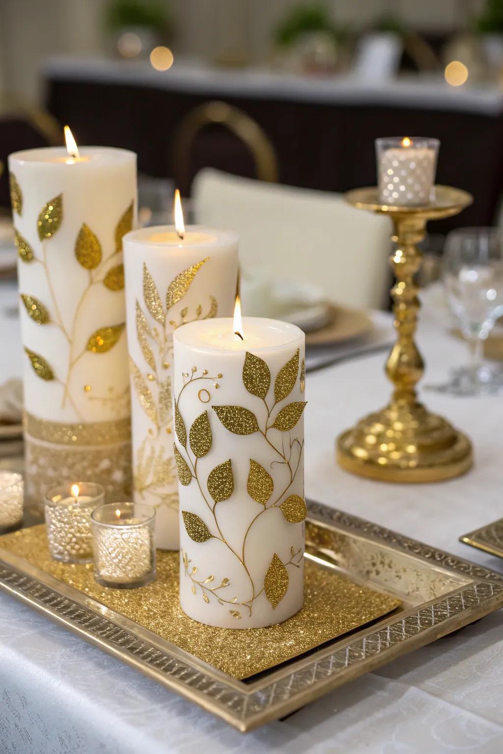 Candles adorned with gold leaf for a touch of luxury.