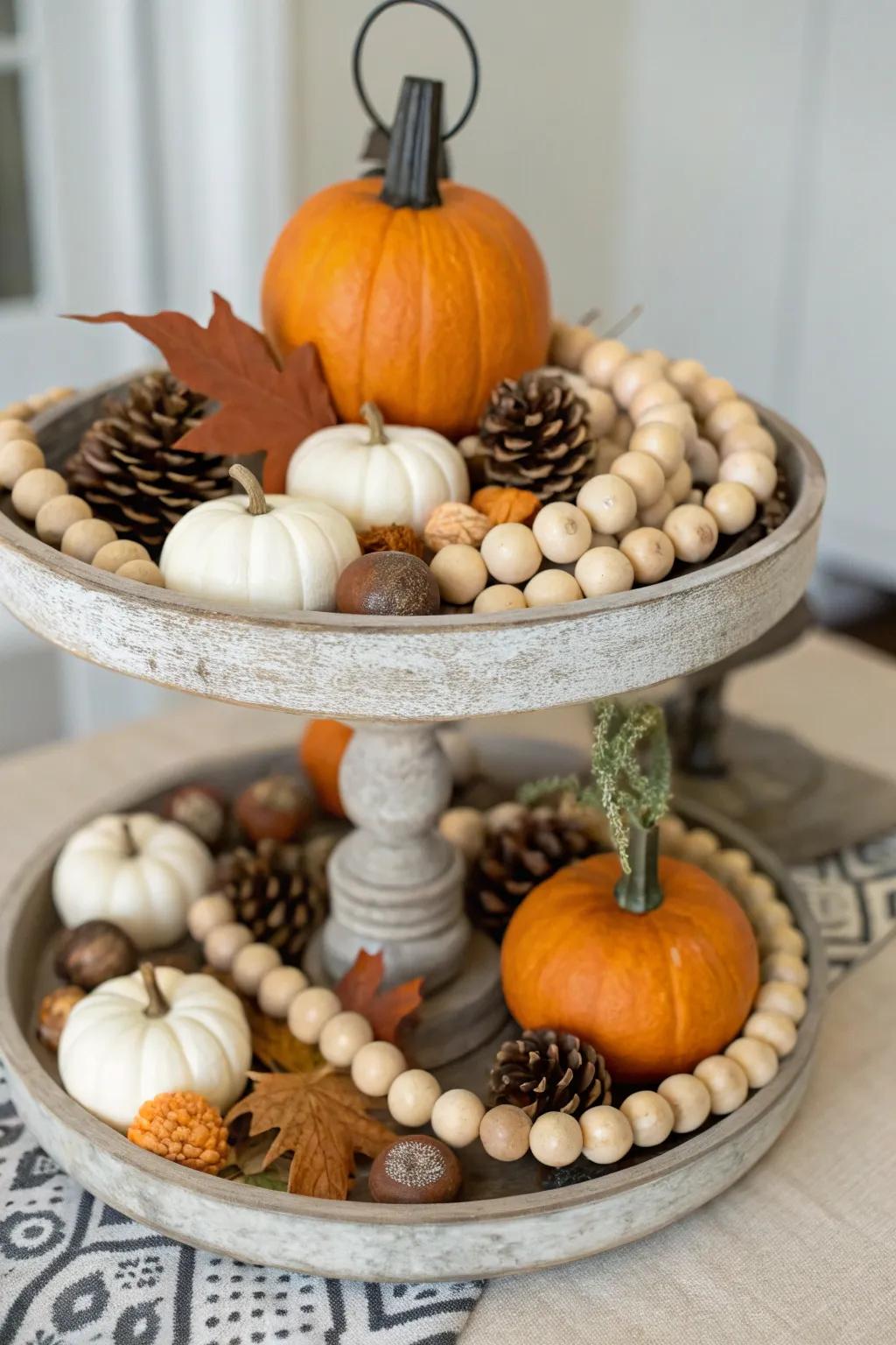 A tiered tray styled with wooden beads.