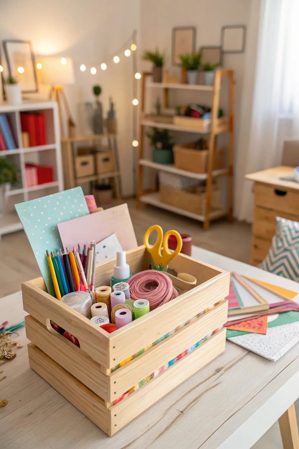 A wooden crate organizer keeps craft supplies neatly stored.