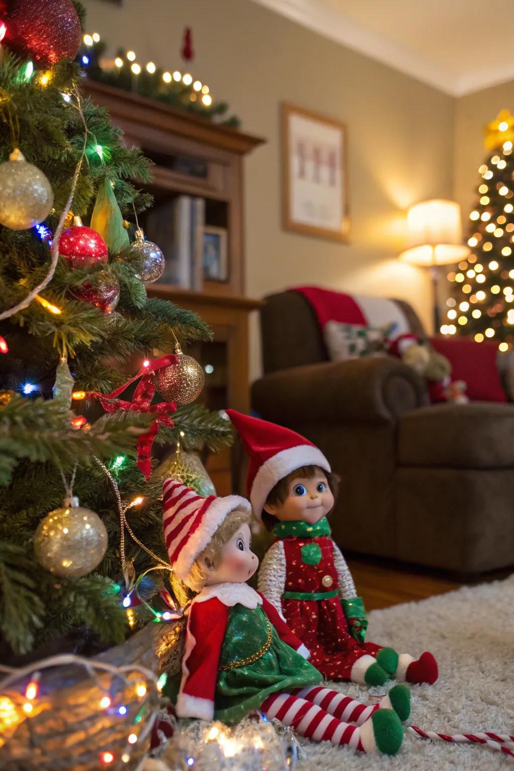 Dolls adding a personal touch to festive holiday decor.