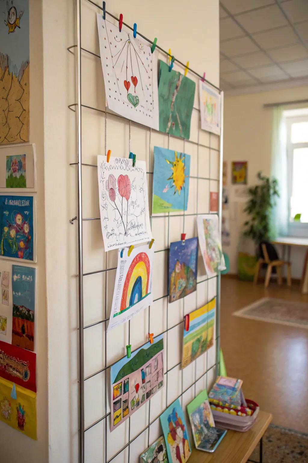 A vertical wire display showcasing children's art in a compact space.